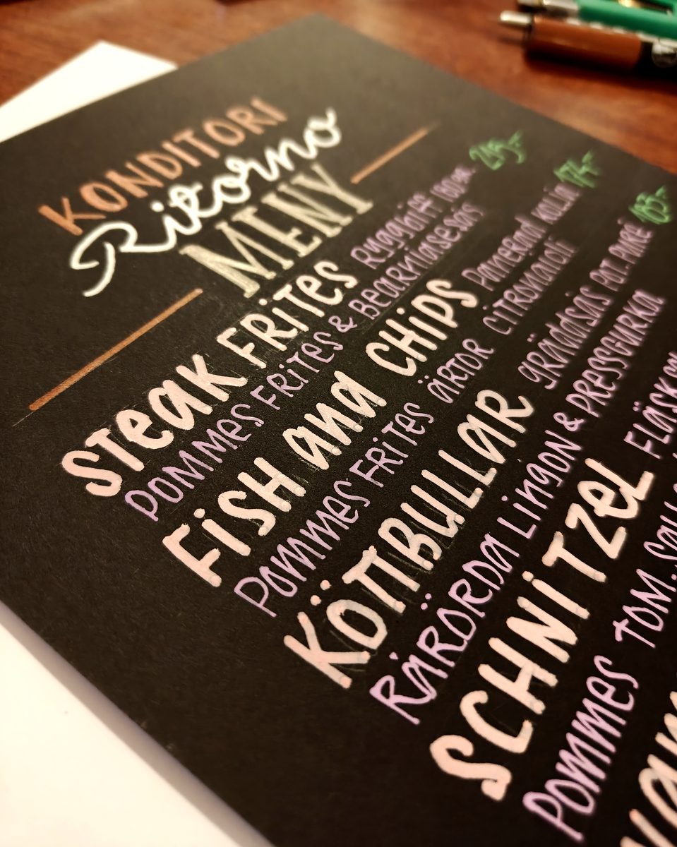Angled view of the Ritorno hand-lettered menu