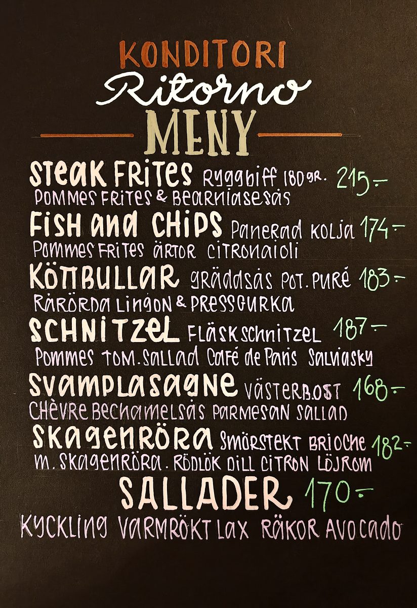Complete Ritorno menu board with hand-lettered dishes and prices