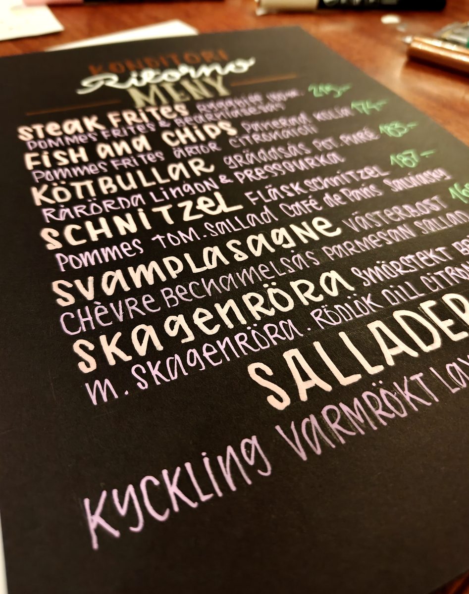 Hand-lettered Ritorno menu, with white and pink lettering on a black board