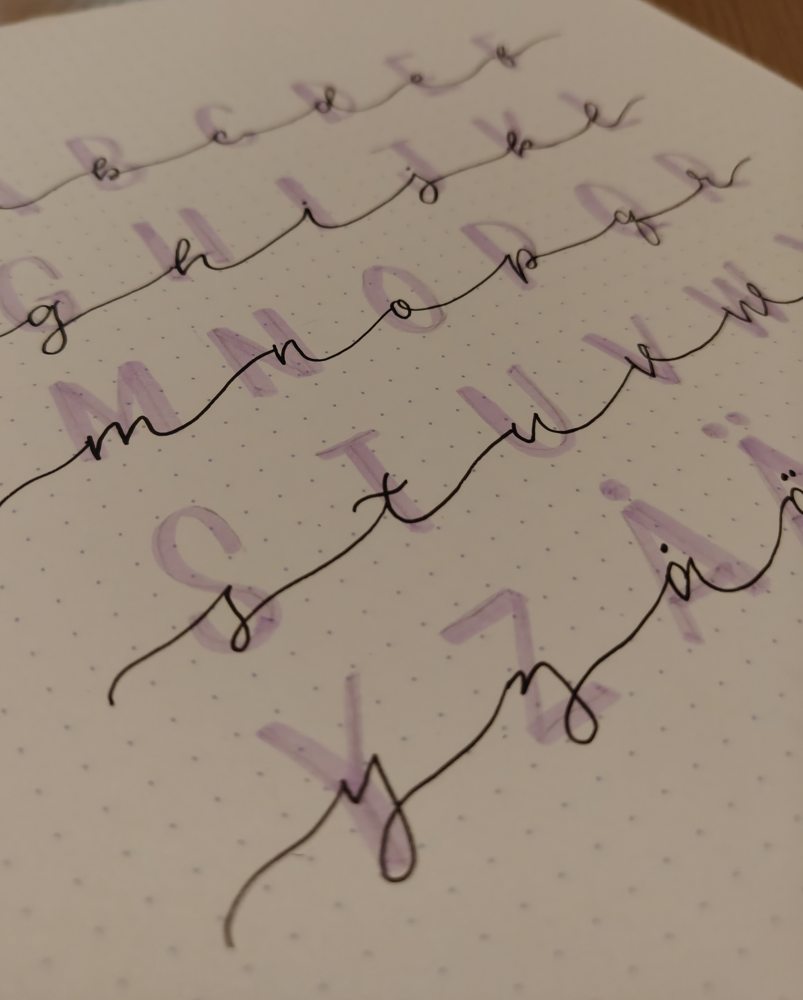 Close-up of a handwritten alphabet practice sheet